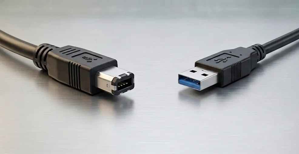 A close-up, side-by-side comparison of a USB plug and a FireWire plug.